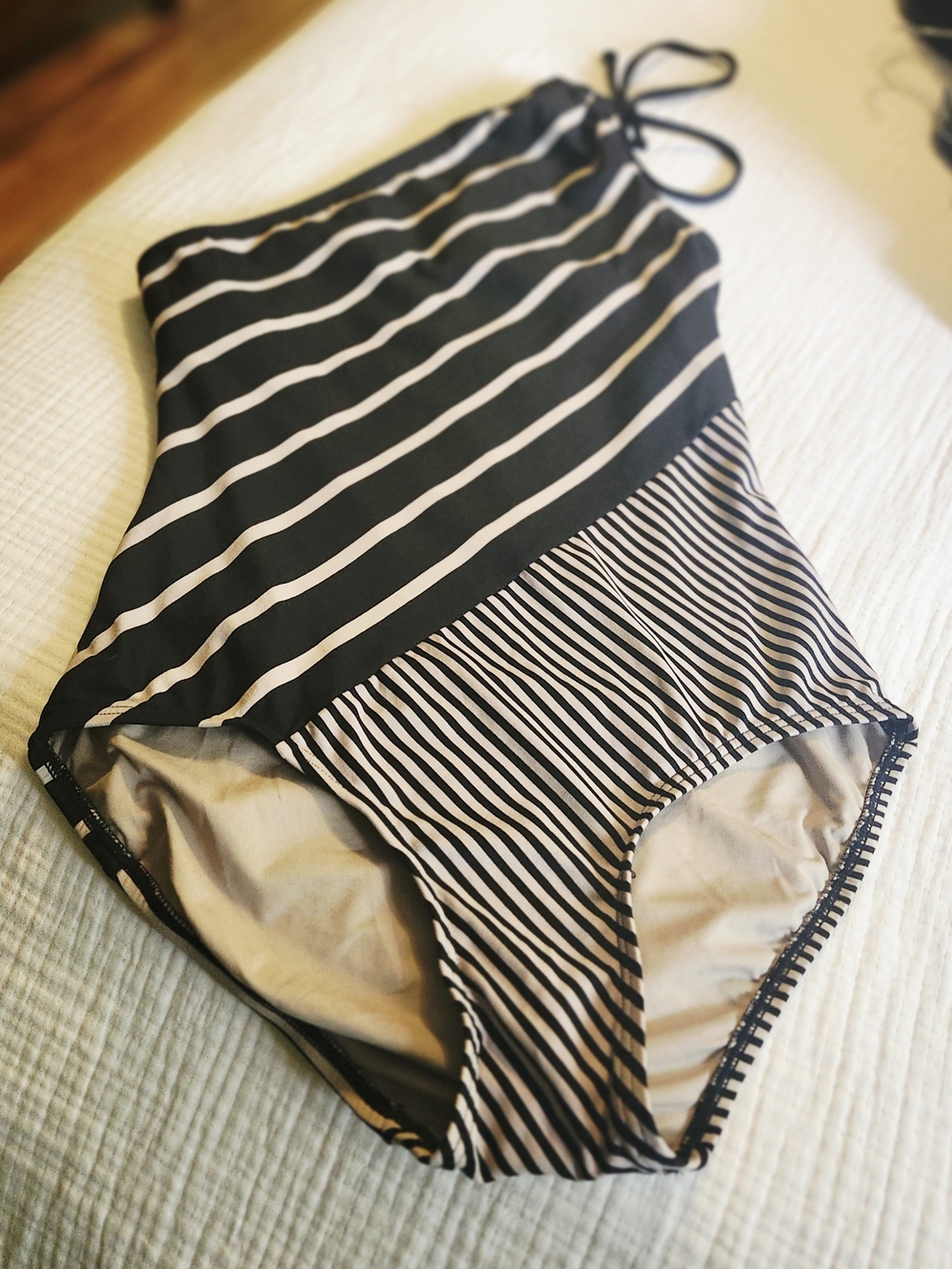DKNY Black and Tan Striped One-Shoulder One-Piece Swim